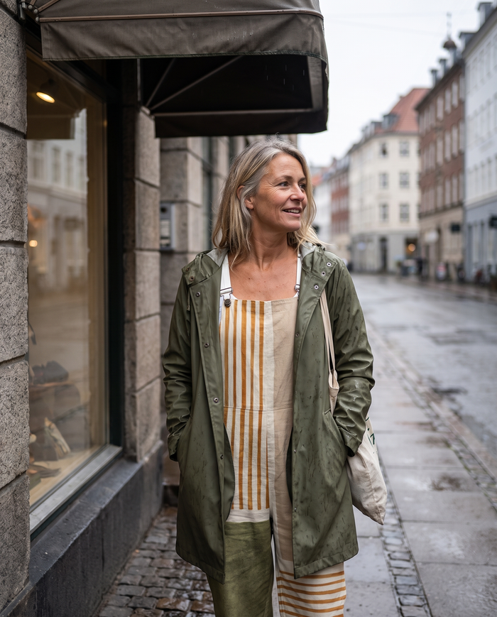 Emilia printed wide-leg jumpsuit worn under a shop awning