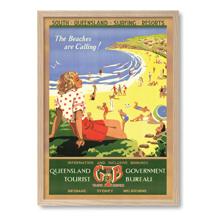 Gold Coast Beaches Are Calling Vintage Travel Poster Print A4 (21 x 29.7cm) / Natural Oak Frame / No Border from our Australian Made Framed Wall Art, Prints & Posters collection by Profile Australia