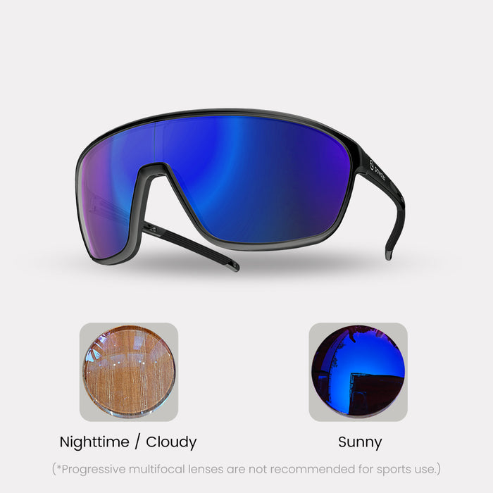 Photochromic – Farsighted / Progressive (Progressive are not recommended for sports use. See FAQ below) / Black / Blue Lenses