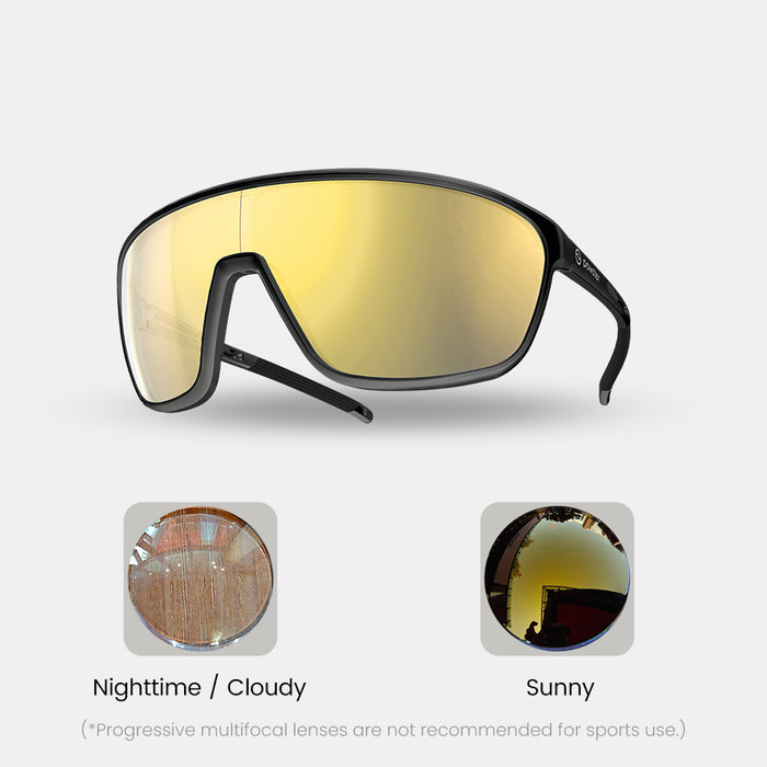 Photochromic – Farsighted / Progressive (Progressive are not recommended for sports use. See FAQ below) / Black / Gold Lenses