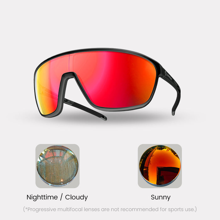 Photochromic – Farsighted / Progressive (Progressive are not recommended for sports use. See FAQ below) / Black / Red Lenses