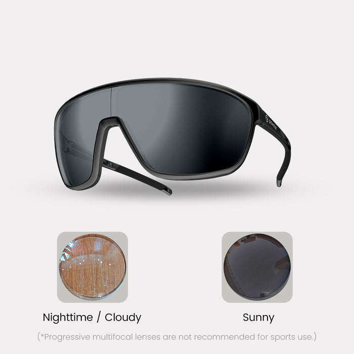 Photochromic – Farsighted / Progressive (Progressive are not recommended for sports use. See FAQ below) / Black / Grey Lenses