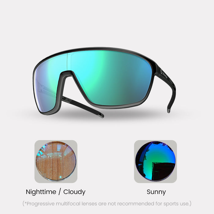 Photochromic – Farsighted / Progressive (Progressive are not recommended for sports use. See FAQ below) / Black / Green Lenses