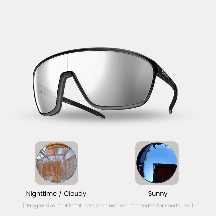 Photochromic – Farsighted / Progressive (Progressive are not recommended for sports use. See FAQ below) / Black / Silver Lenses