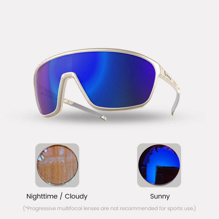 Photochromic – Farsighted / Progressive (Progressive are not recommended for sports use. See FAQ below) / White / Blue Lenses