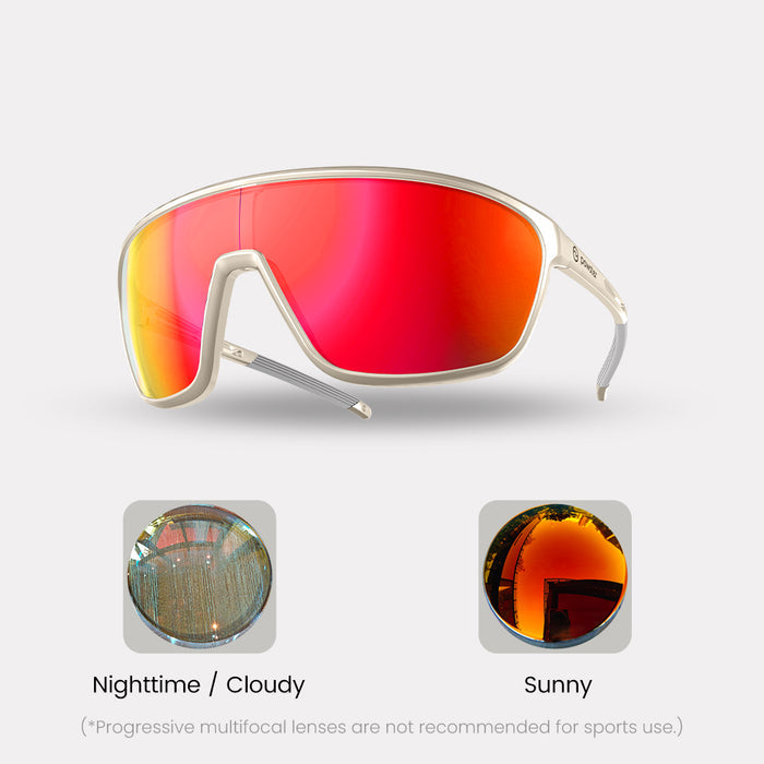 Photochromic – Farsighted / Progressive (Progressive are not recommended for sports use. See FAQ below) / White / Red Lenses