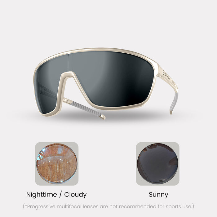 Photochromic – Farsighted / Progressive (Progressive are not recommended for sports use. See FAQ below) / White / Grey Lenses