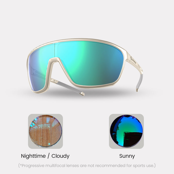Photochromic – Farsighted / Progressive (Progressive are not recommended for sports use. See FAQ below) / White / Green Lenses