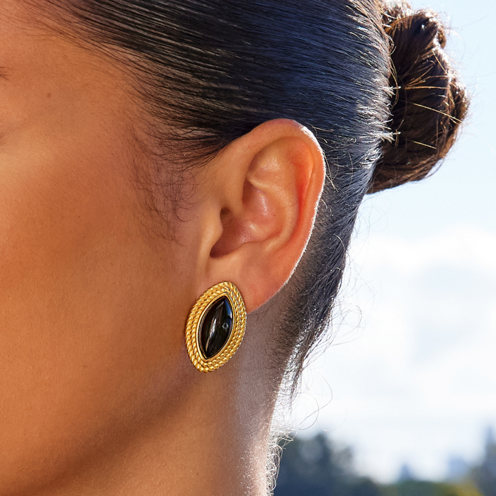 Helena | Oval Earrings with Black Stone