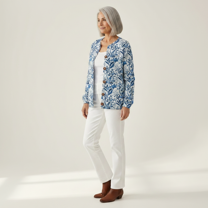 Hilkka - Blue Botanical Bird Cardigan