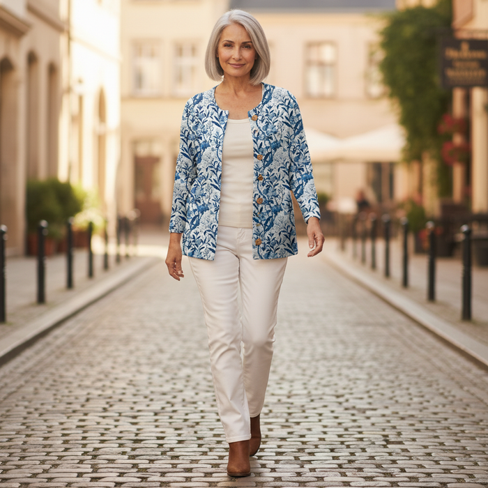 Hilkka - Blue Botanical Bird Cardigan