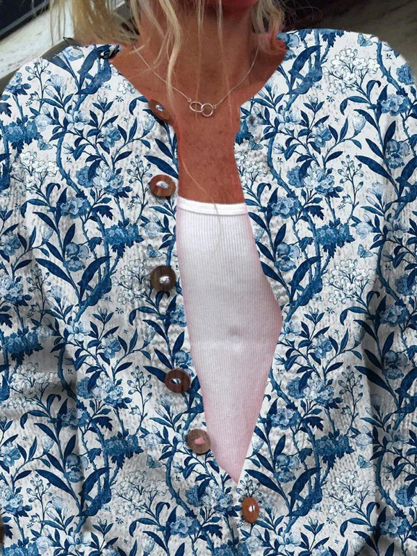 Hilkka - Blue Botanical Bird Cardigan