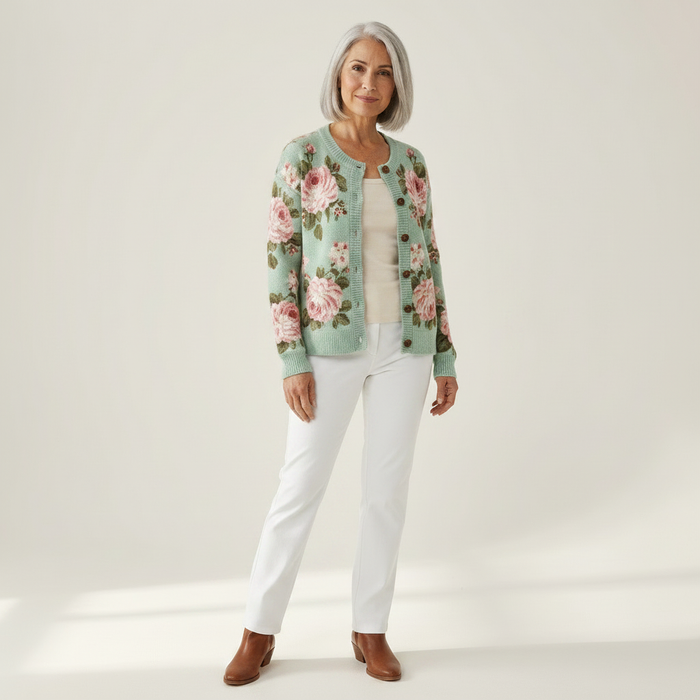 Kirsti - Rose Print Cardigan in Sage