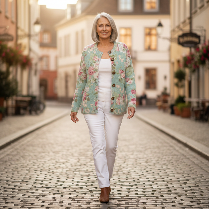 Kirsti - Rose Print Cardigan in Sage