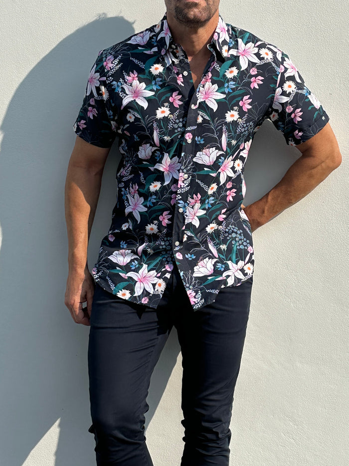 Lily Floral Party Shirt - Navy