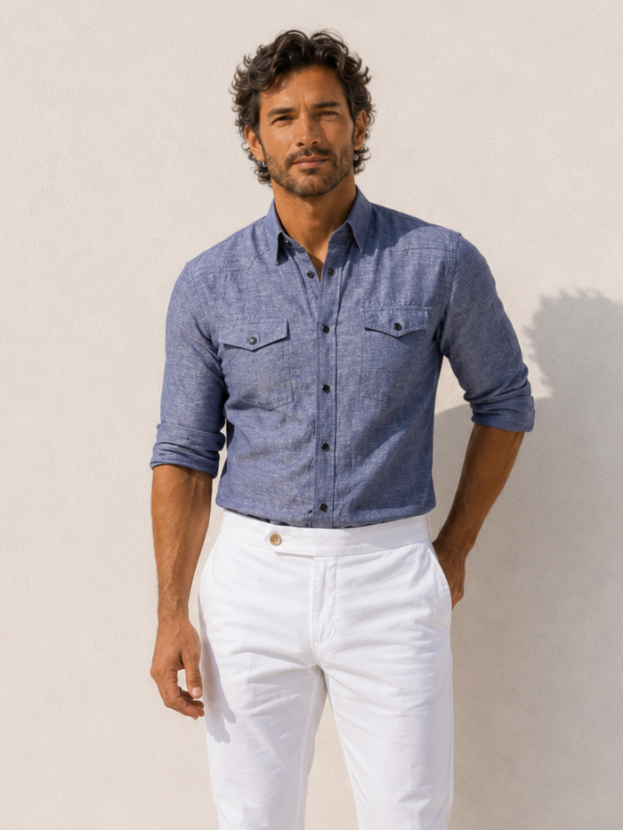 Man wearing a blue shirt and white pants against a beige wall