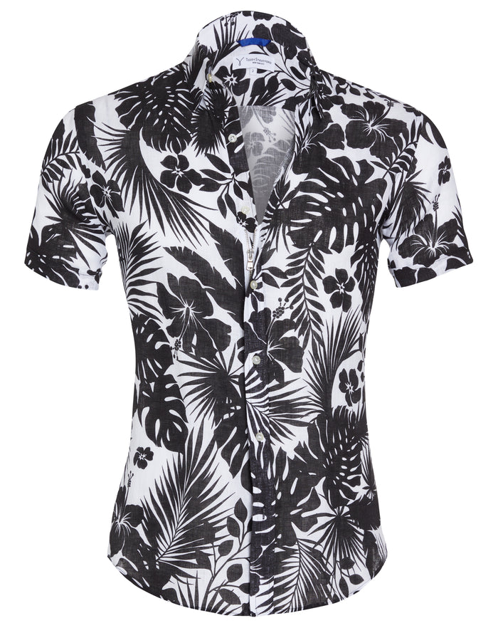 Linen Floral Party Shirt - Black Flowers on White