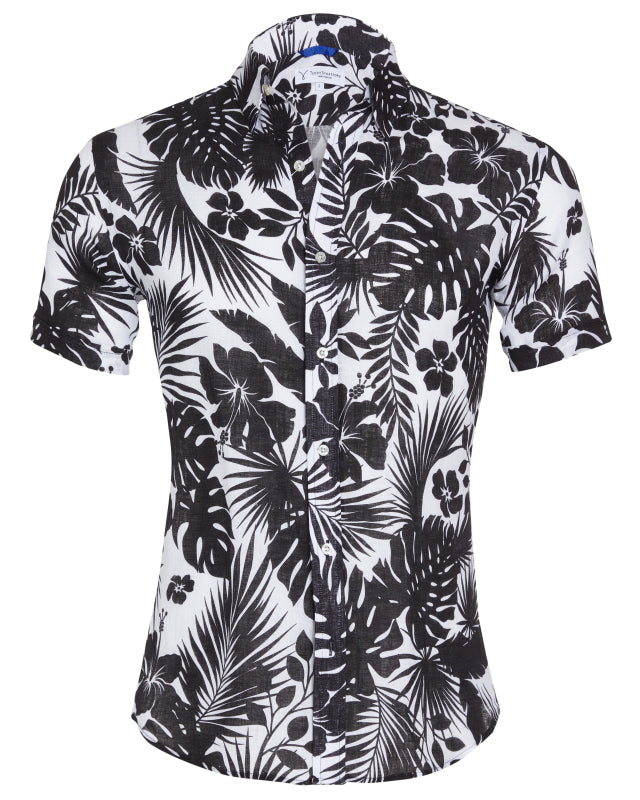 Linen Floral Party Shirt - Black Flowers on White