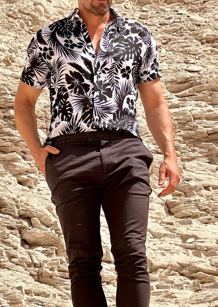 Linen Floral Party Shirt - Black Flowers on White