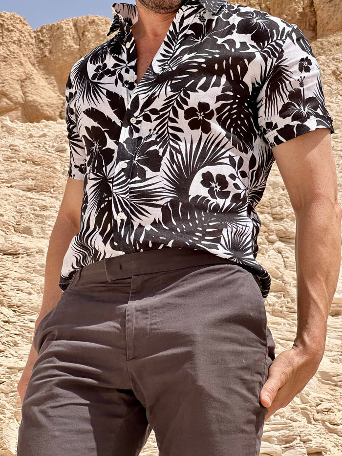Linen Floral Party Shirt - Black Flowers on White