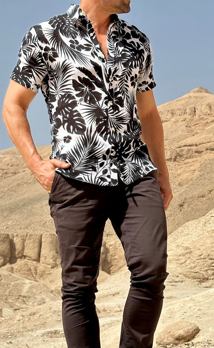 Linen Floral Party Shirt - Black Flowers on White