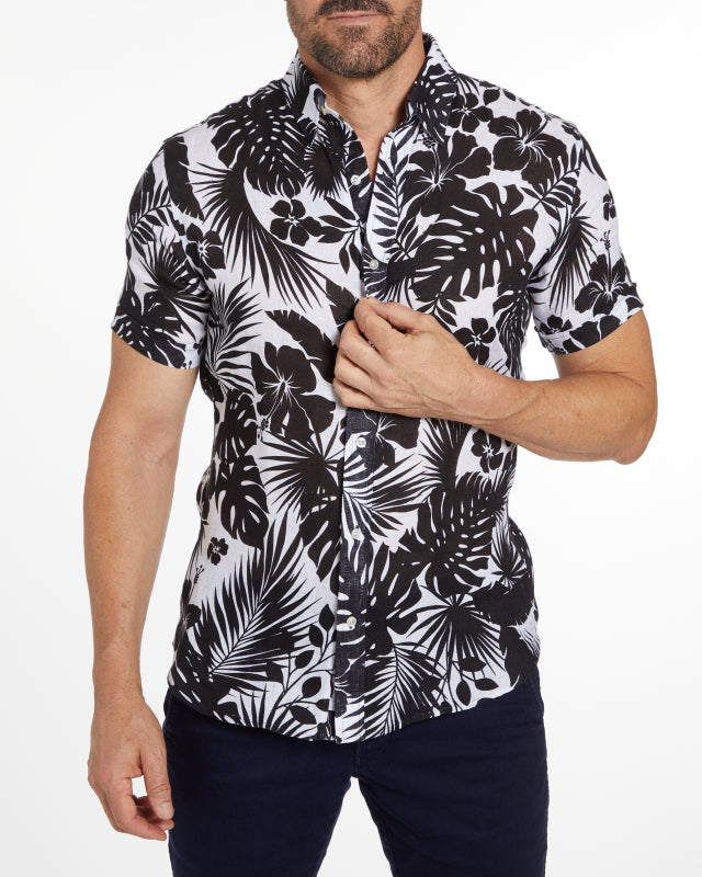Linen Floral Party Shirt - Black Flowers on White
