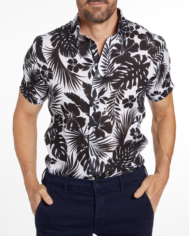 Linen Floral Party Shirt - Black Flowers on White