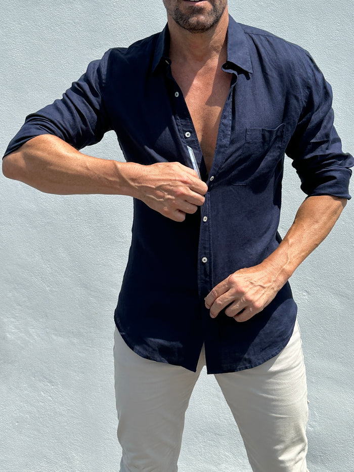 Long Sleeve 1-Pocket Linen - Navy- Small Batch # 618