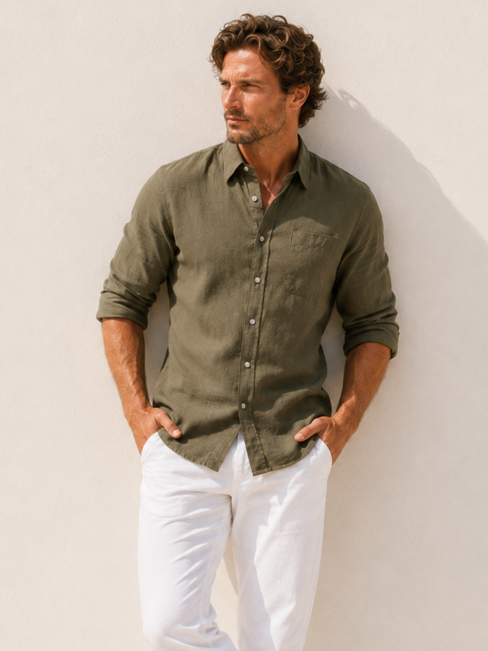 Long Sleeve 1-Pocket Robust Linen - Khaki Green