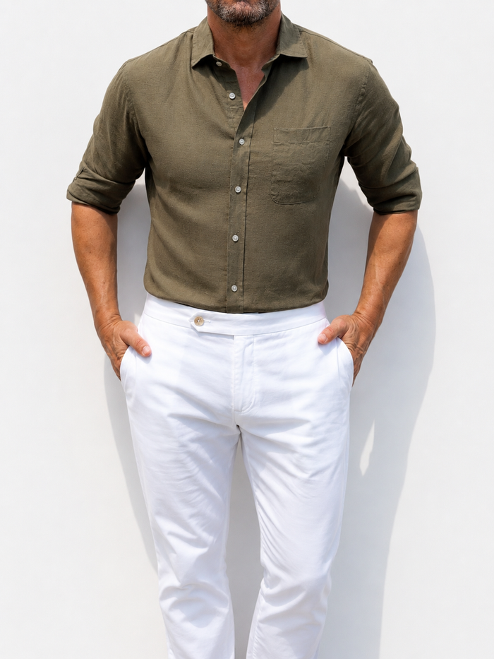 Long Sleeve 1-Pocket Robust Linen - Khaki Green