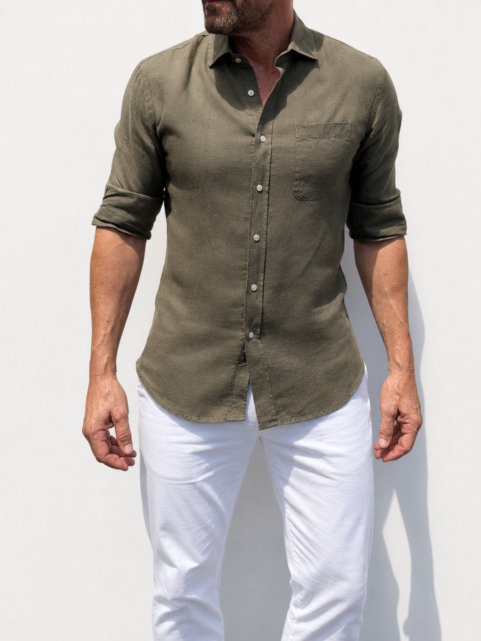 Long Sleeve 1-Pocket Robust Linen - Khaki Green