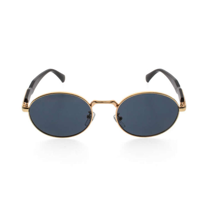 Milan Sunglasses by Passport Eyewear featuring a sleek oval shape and black lenses with gold accents.