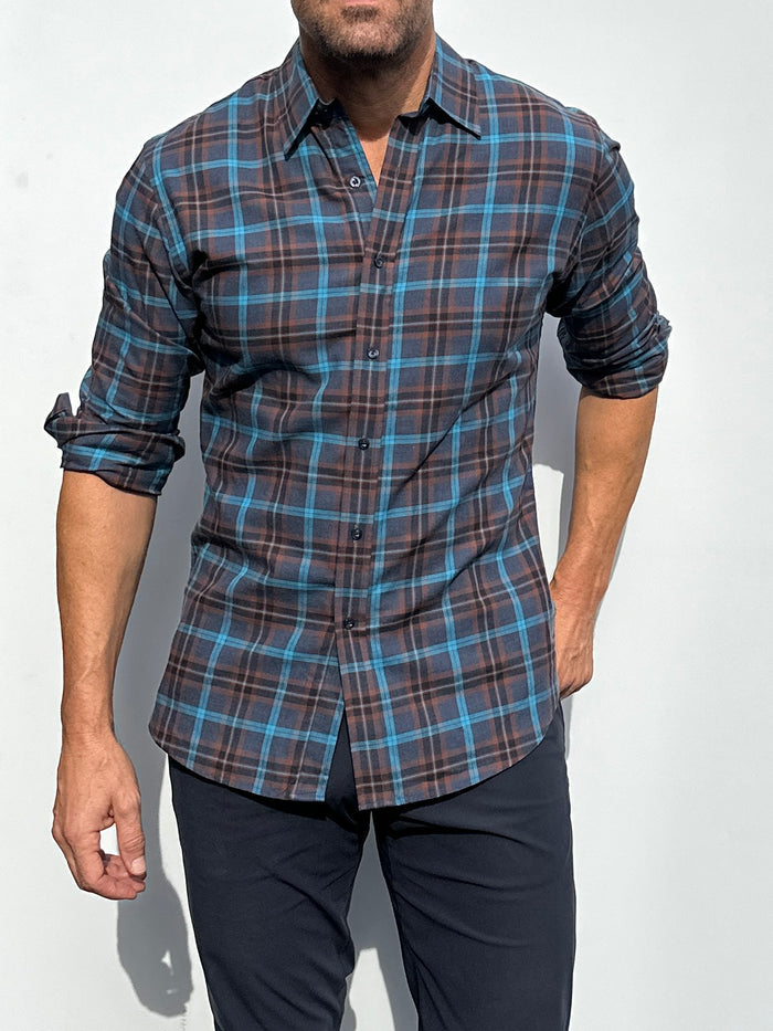 Navy, Aqua & Rust Plaid Flannel - Navy Aqua & Rust