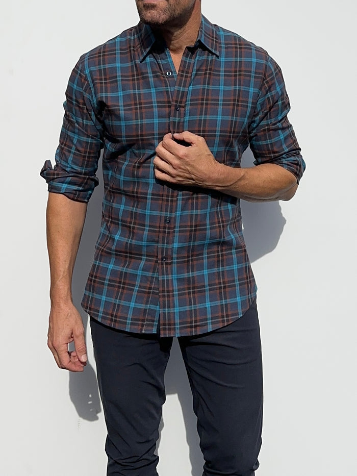 Navy, Aqua & Rust Plaid Flannel - Navy Aqua & Rust