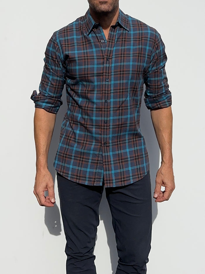 Navy, Aqua & Rust Plaid Flannel - Navy Aqua & Rust