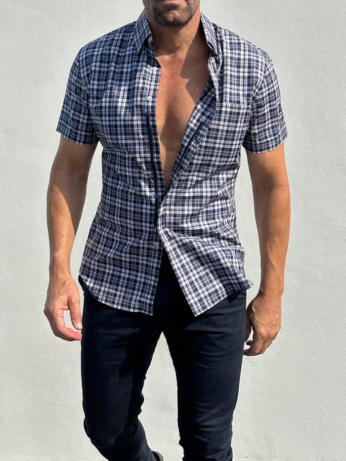 Navy & Gray Plaid Broadcloth - Navy & Gray Plaid Broadcloth