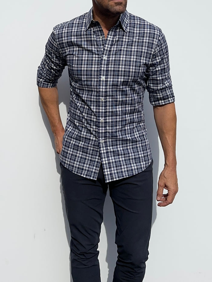 Navy & Gray Plaid Broadcloth - White & Blue Plaid
