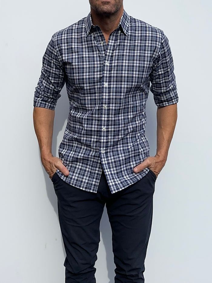 Navy & Gray Plaid Broadcloth - White & Blue Plaid