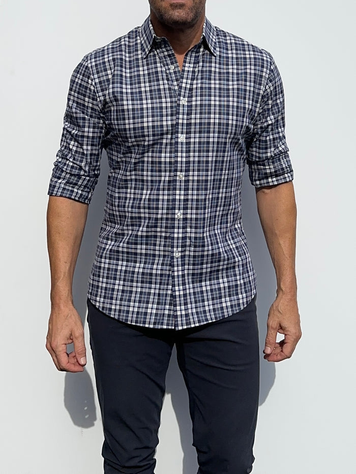 Navy & Gray Plaid Broadcloth - White & Blue Plaid