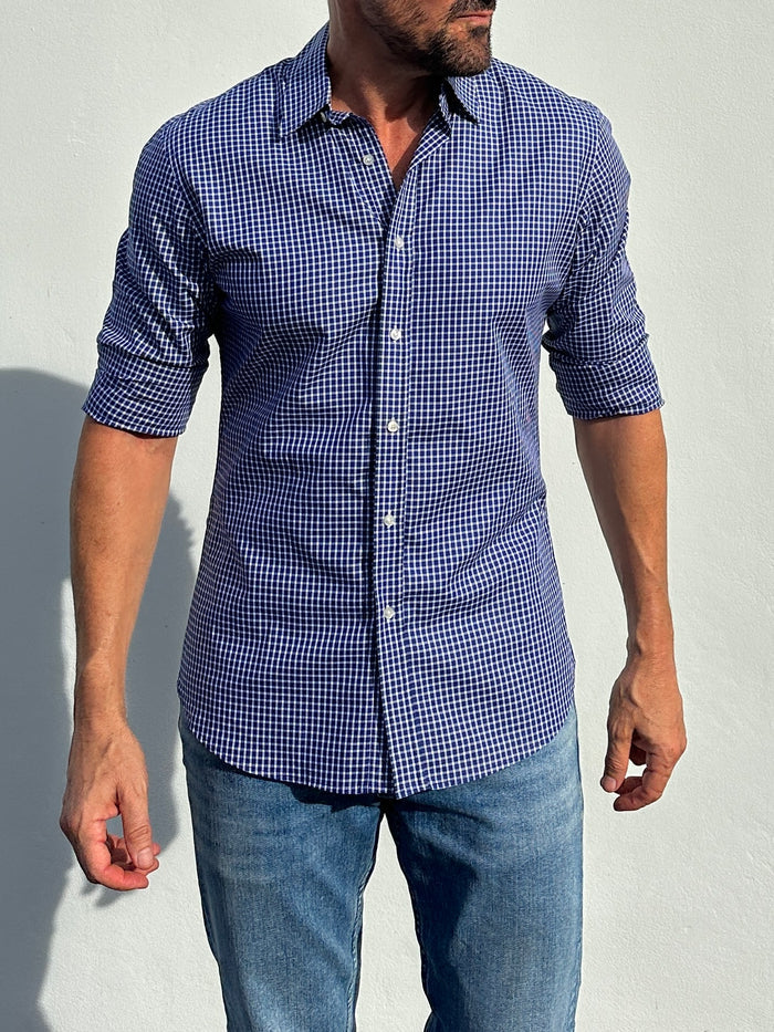 Navy & White Plaid Twill - Navy w/ White Small Plaid