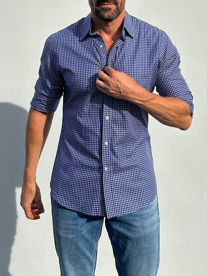 Navy & White Plaid Twill - Navy w/ White Small Plaid