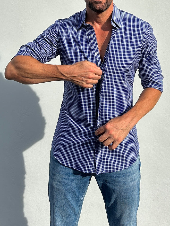 Navy & White Plaid Twill - Navy w/ White Small Plaid