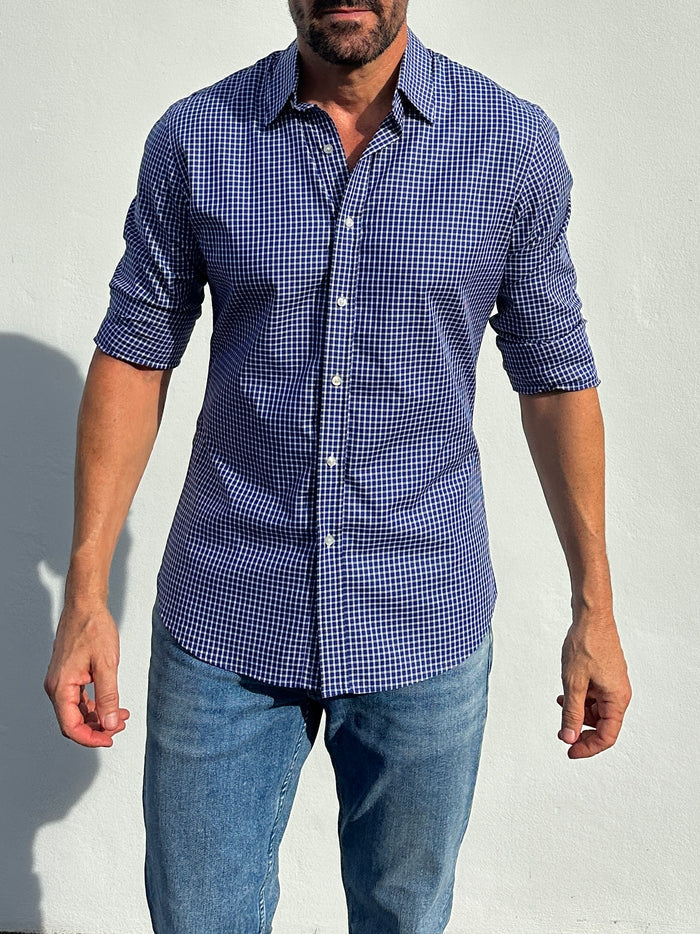 Navy & White Plaid Twill - Navy w/ White Small Plaid