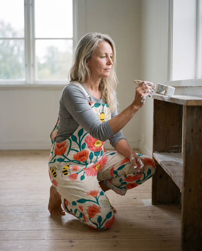 Nea printed wide-leg dungarees worn painting a shelf