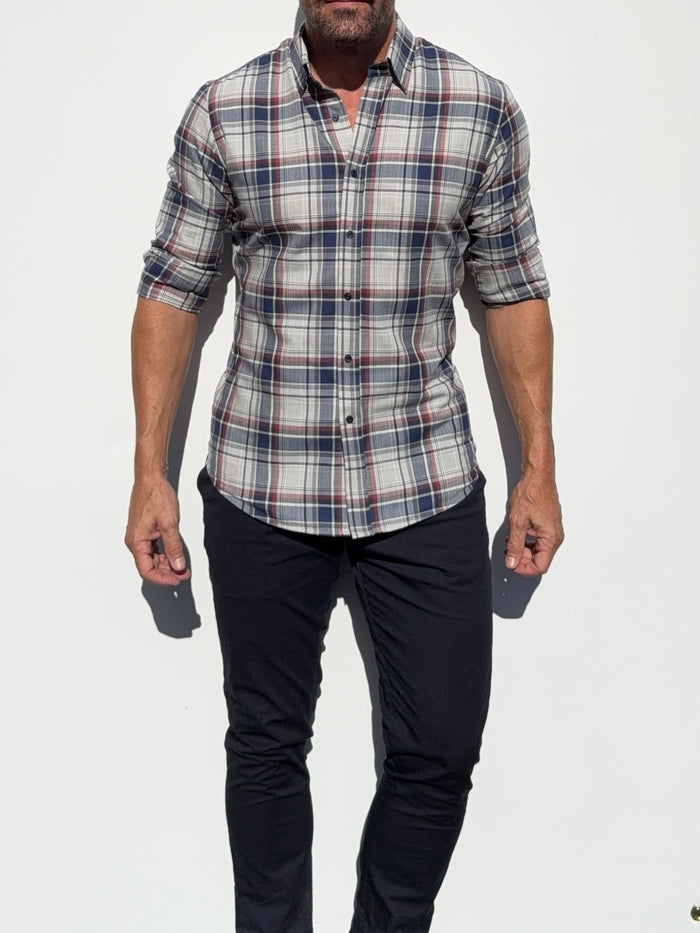 No-Pocket Unbrushed Flannel - Gray & Navy Plaid
