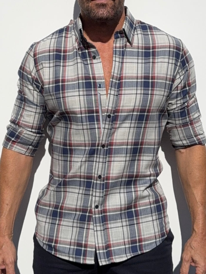 No-Pocket Unbrushed Flannel - Gray & Navy Plaid