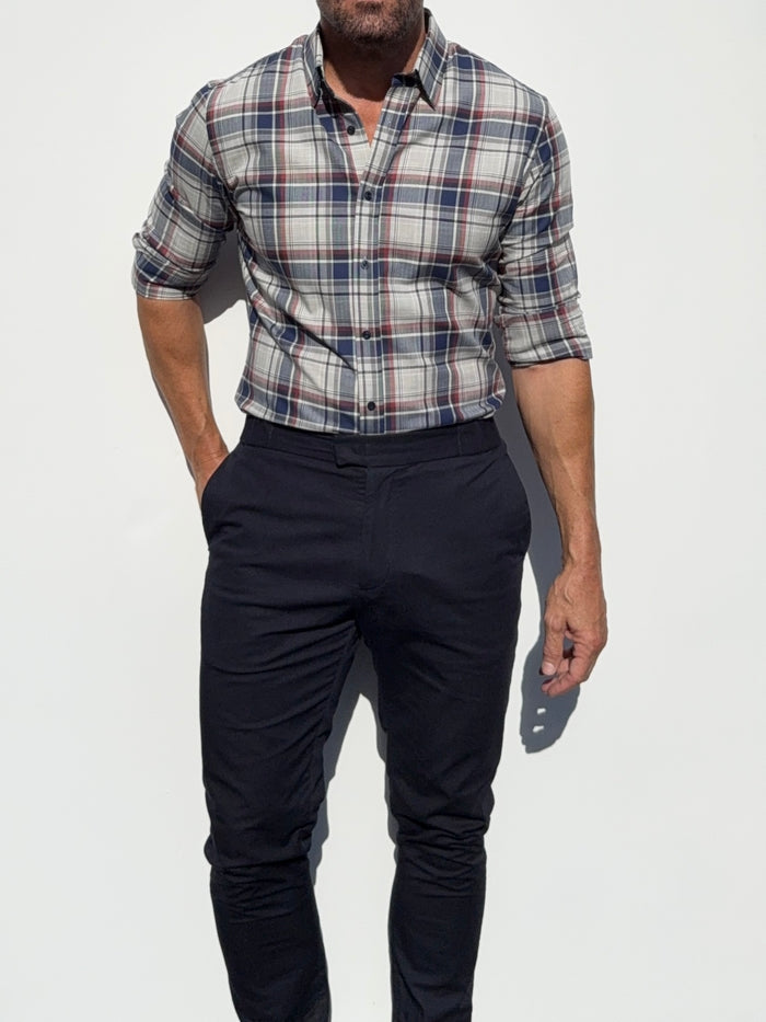 No-Pocket Unbrushed Flannel - Gray & Navy Plaid