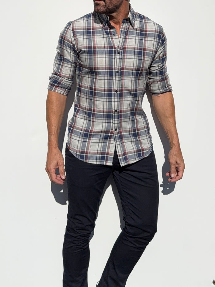 No-Pocket Unbrushed Flannel - Gray & Navy Plaid