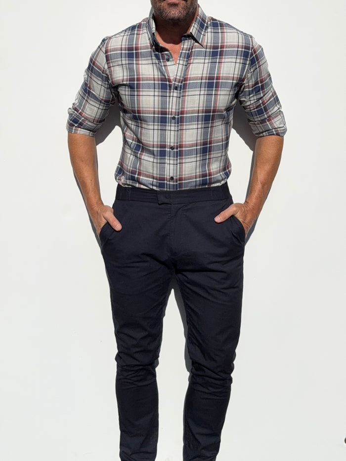 No-Pocket Unbrushed Flannel - Gray & Navy Plaid