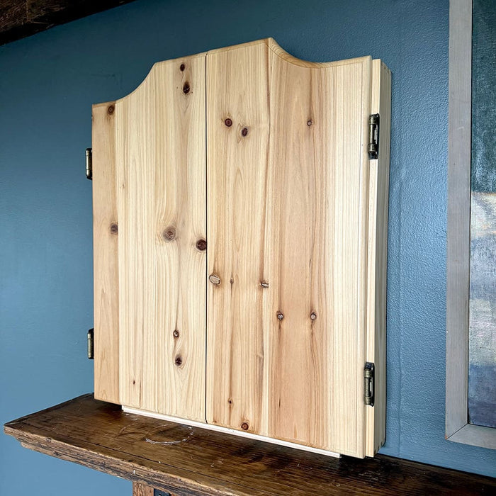 Old-Fashioned Dartboard Set in a Pine Cabinet
